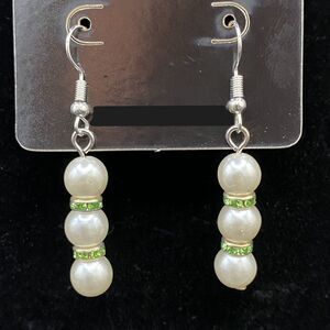 Handmade Faux Pearl Bead & Green Crystal Rondelle Earrings by Neanie-Bot